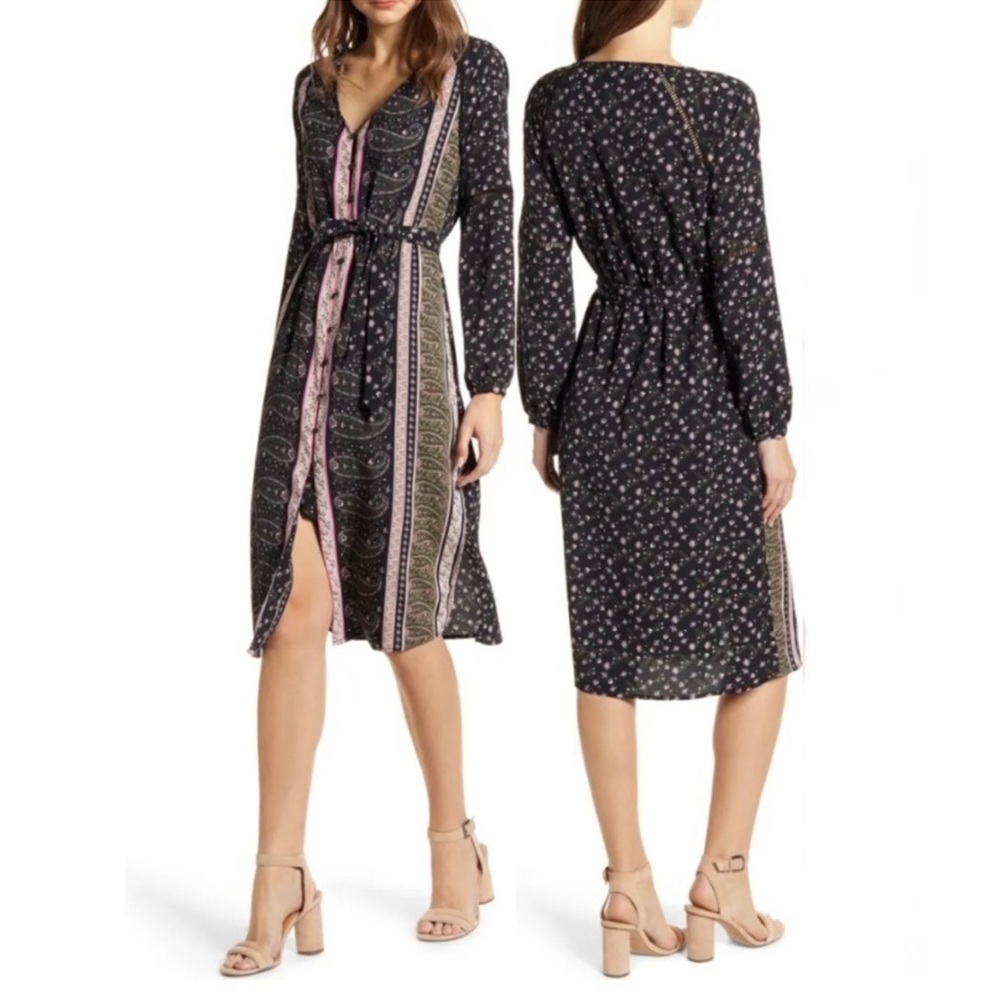 Cupcakes and Cashmere Boho Print Long Sleeve Midi Dress with Belt sz M NWT